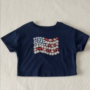 Navy Kids Floral Flag Crop Tee